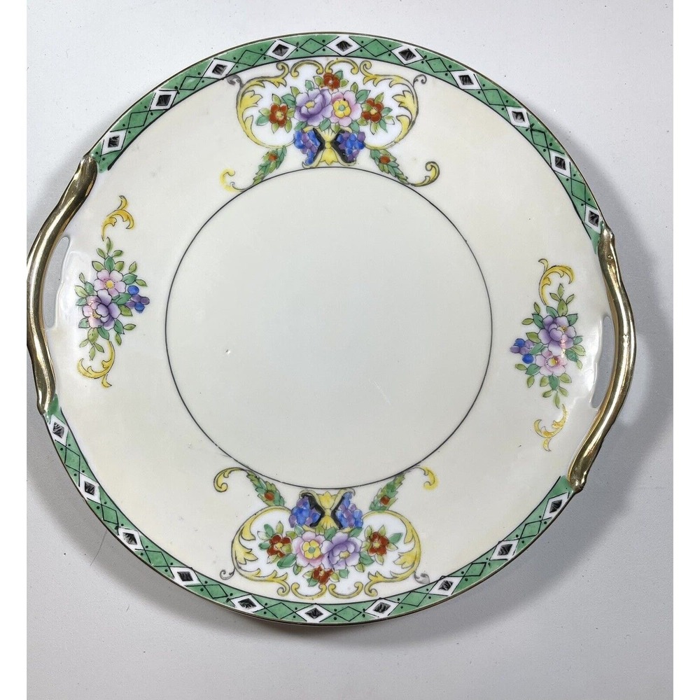 1920s NORITAKE M In Wreath Round Cake Serving Plate W/ Gilded Handles Flowers